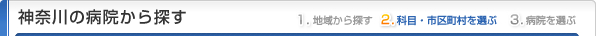 神奈川県の病院から探す
1.地域から探す
2.科目・市区町村を選ぶ
3.病院を選ぶ