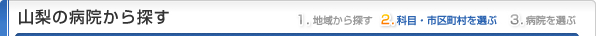 山梨県の病院から探す
1.地域から探す
2.科目・市区町村を選ぶ
3.病院を選ぶ