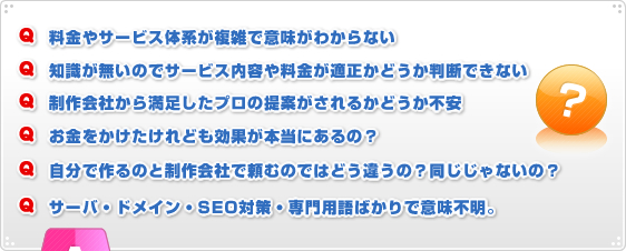 Q.料金やサービス体系が複雑で意味がわからない
Q.知識が無いのでサービス内容や料金が適正かどうか判断できない
Q.制作会社から満足したプロの提案がされるかどうか不安
Q.お金をかけたけれども効果が本当にあるの？
Q.自分で作るのと制作会社で頼むのではどう違うの？同じじゃないの？
Q.サーバ・ドメイン・SEO対策・専門用語ばかりで意味不明。